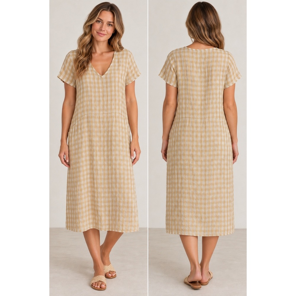 Flax 100% Linen Beige Tan Gingham Midi Dress Coastal Lagenlook Womens Small